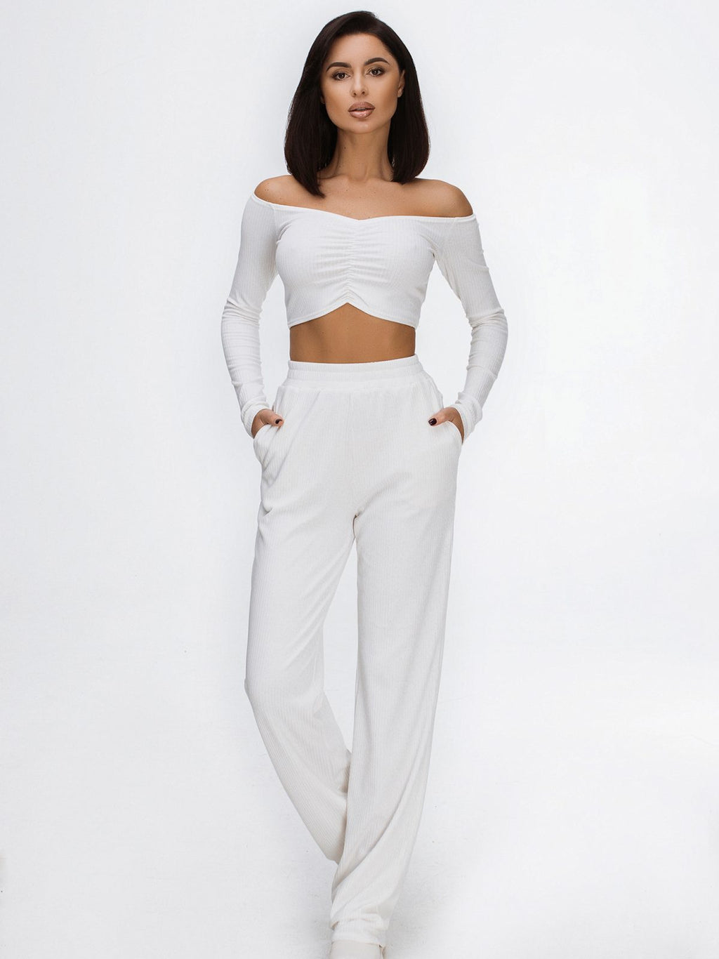 knitted white off the shoulder mod tracksuit