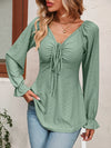 Women’s V-Neck Drawstring Waist Long-Sleeve Blouse