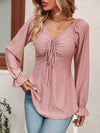 Women’s V-Neck Drawstring Waist Long-Sleeve Blouse