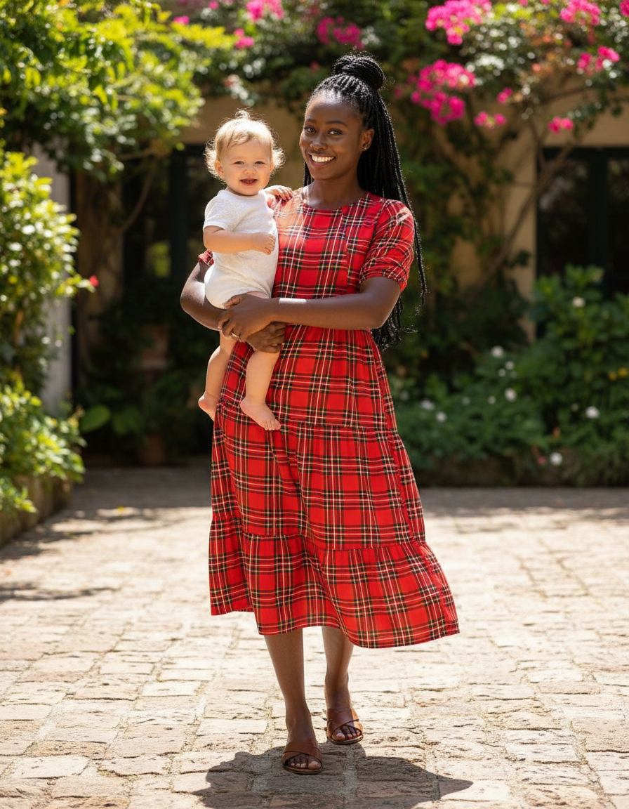 Red Tartan Breastfeeding Midi Dress | Nursing Dress | MilkyMoon