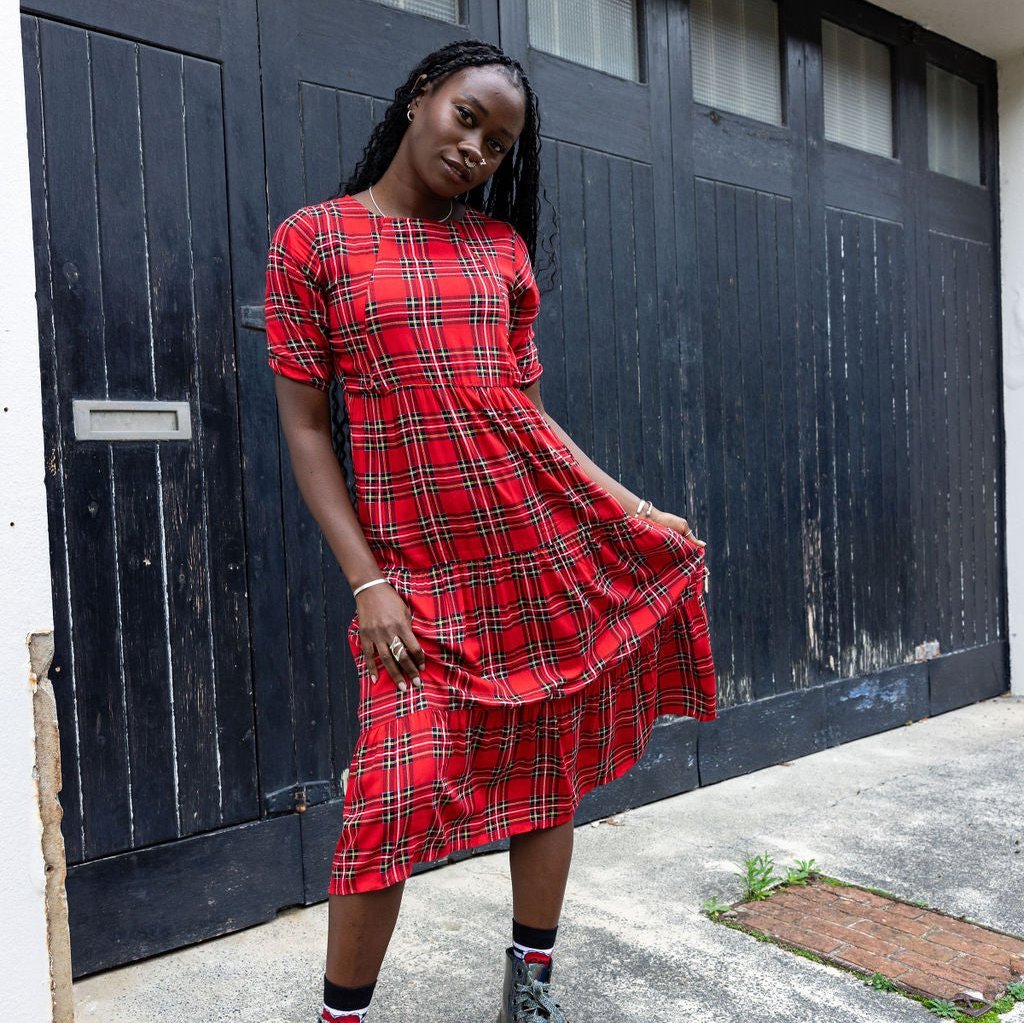 Red Tartan Breastfeeding Midi Dress | Nursing Dress | MilkyMoon