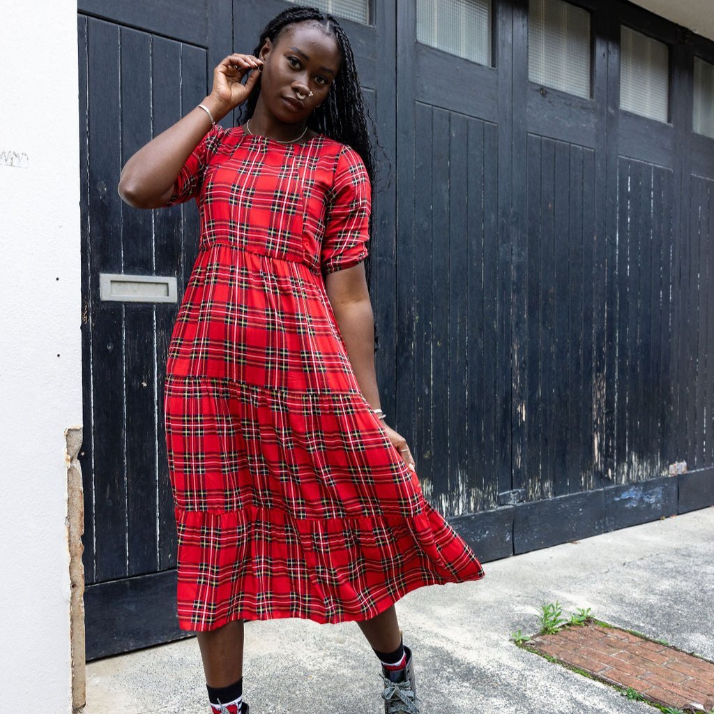 Red Tartan Breastfeeding Midi Dress | Nursing Dress | MilkyMoon